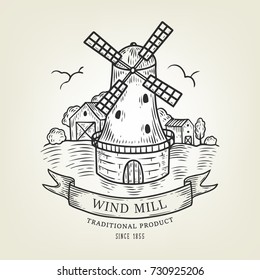 Vector countryside landscape with windmill and wheat field. Rural view done in graphic style, isolated on background. Outline field use as label, logo, sticker, emblem for bakery, organic products.