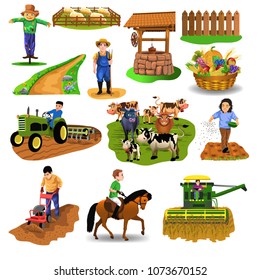 vector countryside set of clip arts like harvester, sowing seeds, riding a horse, plowing, farm animals, well, farmer, tilling the soil