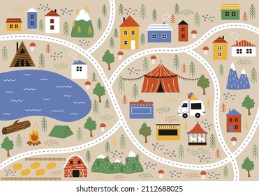 Mapa colorido del pueblo rural vectorial con casas, feria, circo, granja, río y montañas. Juego infantil, plantilla de alfombra. Fondo del laberinto del pueblo del doodle