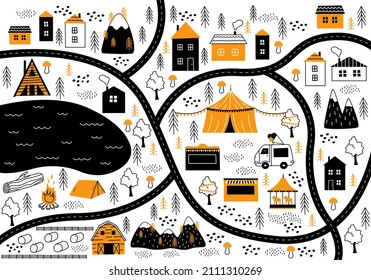 Vector countryside village map with houses, fair, circus, farm, river and mountains. Kids game, rug template. Cute doodle town maze illustration