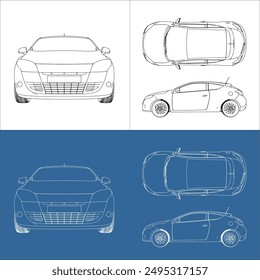 vector coupe hatchback car line art draw blueprint wireframe from all view top corner side back isolated in transparent background