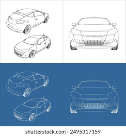 vector coupe hatchback car line art draw blueprint wireframe from all view top corner side back isolated in transparent background