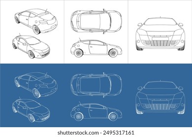 vector coupe hatchback car line art draw blueprint wireframe from all view top corner side back isolated in transparent background