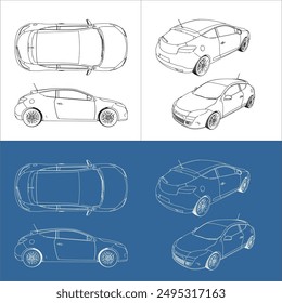 vector coupe hatchback car line art draw blueprint wireframe from all view top corner side back isolated in transparent background