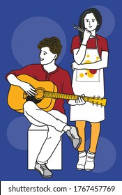 Vector of couple artist. a man in red shirt sitting and play guitar and a Women Painting in red shirt and Apron is standing and holding
paintbrush