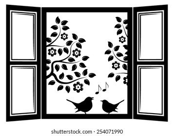 vector couple of birds in the window and flowering trees outside the window