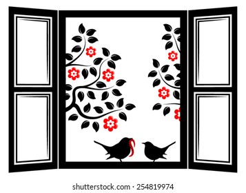 vector couple of birds in the window and flowering trees outside the window