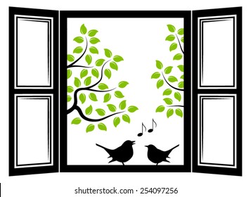 vector couple of birds in the window and trees outside the window