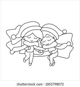 Vector of a couple, boy and girl, asleep on top of many pillows with a scarf for two and Christmas hats.
