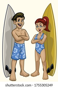 
vector couple character cartoon of surfer boy and girl