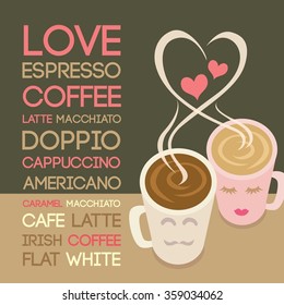 Vector couple coffee mugs put on the table with heart smoke shape and love coffee text.
