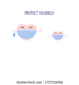 Vector Couple Of Cute Mini Heart Wearing Blue Ear Loop Face Mask And Get Hand Sanitizer For Hand Washing For Protect Corona Virus Covid-19 And Flu. And Wording Protect Yourself For Concept