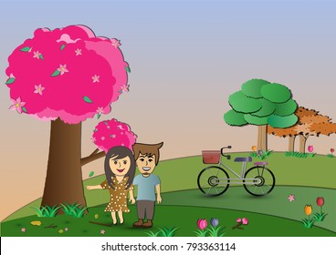 Vector Couple dating in Valentine day garden of love sweetheart romantic couple beautiful scene with bicycle pink Cherry blossom design nature paper art style. Valentine Day Concept