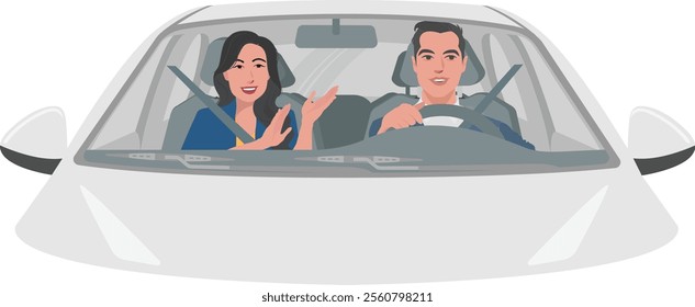 Vector of a couple drive a white car