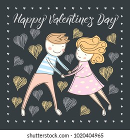La pareja de vectores se enamora. Concepto de San Valentín. Tarjeta con pareja y con letras xxx. Concepto de San Valentín. Tarjeta con pareja y con letras Feliz Día de San Valentín