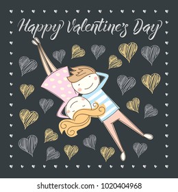 La pareja de vectores se enamora. Concepto de San Valentín. Tarjeta con pareja y con letras xxx. Concepto de San Valentín. Tarjeta con pareja y con letras Feliz Día de San Valentín