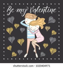 Vektorpaar verlieben sich. Valentinstag Konzept. Karte mit Pärchen und Buchstaben xxx. Valentinstag Konzept. Karte mit Pärchen und Schrift "Be My Valentine"