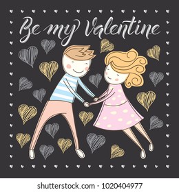 Vector couple fall In love. Valentine day concept. Card with couple and lettering xxx. Valentine day concept. Card with couple and lettering Be My Valentine