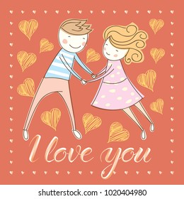 Casal vetor se apaixona. Conceito de dia dos namorados. Cartão com par e letras xxx. Conceito de dia dos namorados. Cartão com casal e letras I Love You
