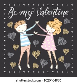 Vector couple fall In love. Valentine day concept. Card with couple and lettering xxx. Valentine day concept. Card with couple and lettering Be My Valentine