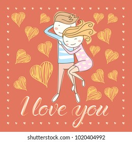 Casal vetor se apaixona. Conceito de dia dos namorados. Cartão com par e letras xxx. Conceito de dia dos namorados. Cartão com casal e letras I Love You