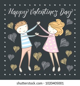 Vector couple fall In love. Valentine day concept. Card with couple and lettering xxx. Valentine day concept. Card with couple and lettering Happy Valentines Day