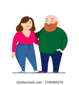 Vector Couple, Family, Dad, Mom. Happy Overweight Family. Fat Parents. A Man, Dad, Bald, With A Beard. Modern Flat Vector Image Isolated On White Background.