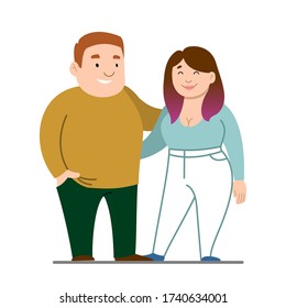 Vector Couple, Family; Dad Mom; Girl And Boy Students. Happy Overweight Couple. Fat Young People. Modern Flat Vector Image Isolated On White Background.