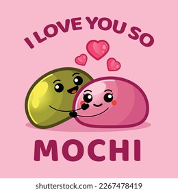 Vector couple flat design cartoon daifuku mochi characters. Cute mochi mascot are holding hands and love each other. Set of characters for Valentine's Day card illustration template.