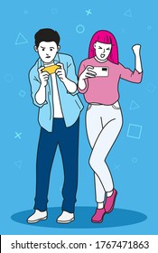 Vector of couple gamer. a man in blue shirt is playing game on mobile phone standing beside a woman in pink shirt .