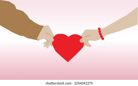 vector couple hands holding paper heart shaped love