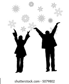 vector couple with hands up to snowflakes. winter