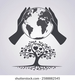 Vector  Couple Hands World Globe and Love Tree Icon, International Day of Forests Design Concept, suitable for social media post templates, posters, greeting cards, banners etc 