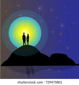 Vector of The Couple holding hand standing watching the full moon in concept of romance and forever love.