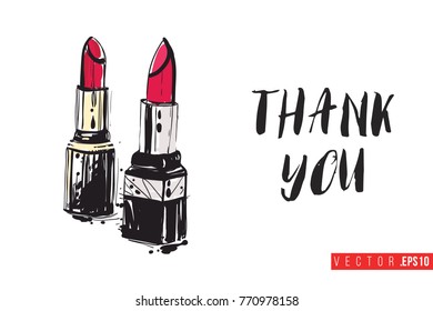 Vector couple lipstick with motivational text: thank you. Fashion accessory illustration in glamour style for beauty salon, shop, blog print. Isolated symbol on white background.