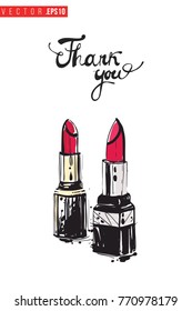 Vector couple lipstick with motivational text: thank you. Fashion accessory illustration in glamour style for beauty salon, shop, blog print. Isolated symbol on white background.