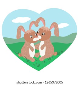 vector of couple of little cute rabbits on hearts background.Valentines day card