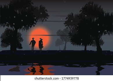 vector couple looking at something in the river on night background