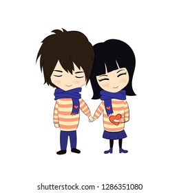 Vector Couple in Love, Doodle Drawing Girl and Boy Hold Hands, Colorful Illustration Isolated on White Background.