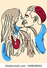 Vector couple in love drawes in black lines with abstract background