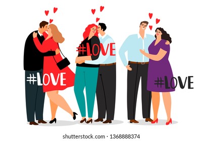Vector couple in love and hashtag Love isolated on white background. Couple woman and man happy, cartoon people romance illustration