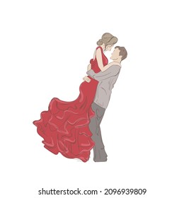 Vector Couple in Love Sketch, Valentines Day Hand Drawn Illustration Isolated on White Background, Man and Woman in Red Dress.