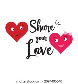 Vector couple in love two happy hearts with hand drawn lettering share your love