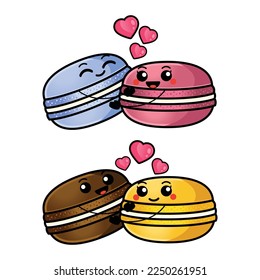 Vector couple macaroons characters. Cute macaroons are holding hands. Set of characters for Valentine's Day card.