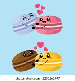 Vector couple macaroons characters. Cute macaroons are holding hands. Set of characters for Valentine's Day card.