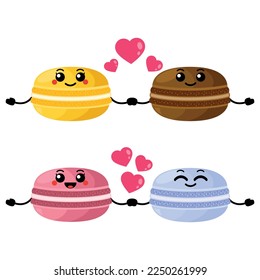 Vector couple macaroons characters. Cute macaroons are holding hands. Set of characters for Valentine's Day card.