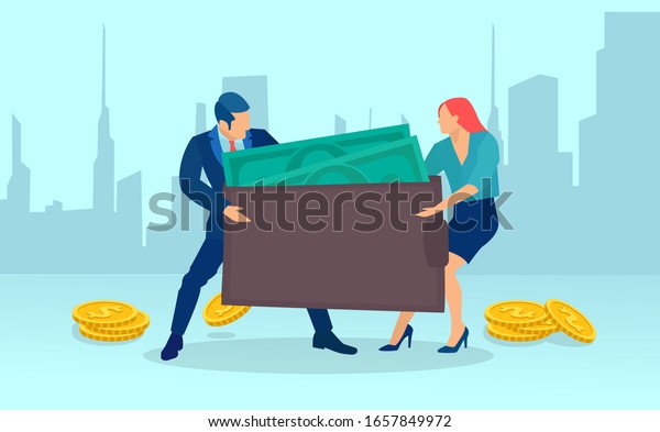 Vector of a couple man and woman fighting over\
family budget, money