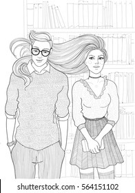 vector couple man and woman hesitate in the library, the girl whole appearance suggests that she likes the guy