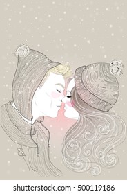 vector couple man and woman kissing under a gentle snowfall