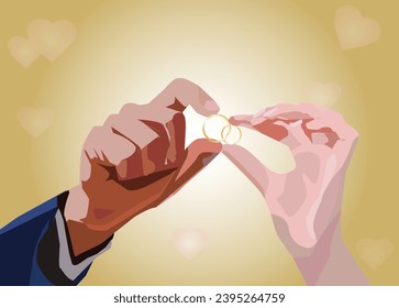 vector of couple of men and women hands showing gold rings love marriage engagement celebrating valentine's day yellow light background hearts icon fly ornament sstkLOVE